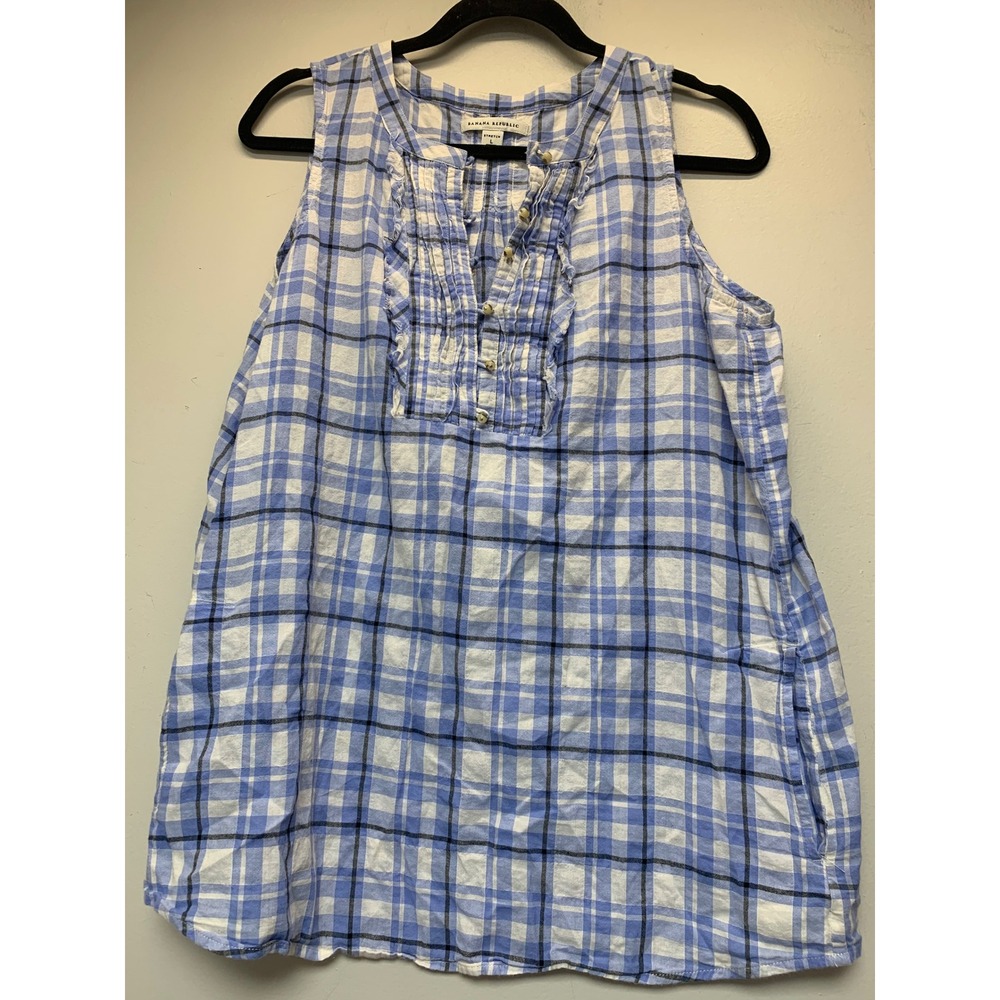 Banana Republic Sleeveless Blouse Womens Large Blue Plaid Excellent Ruffle